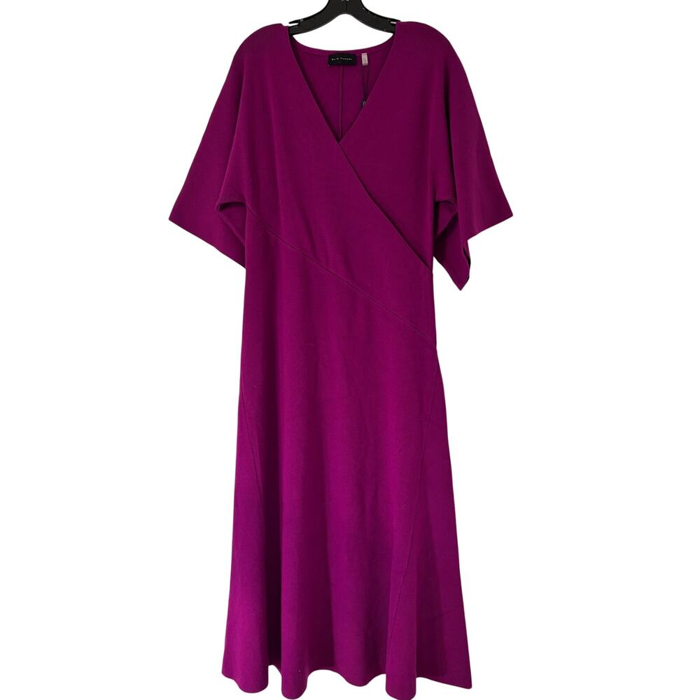 Elie Tahari Everly Magenta Pink V-Neck Flutter Sleeve Fit Flare Midi Dress L NWT